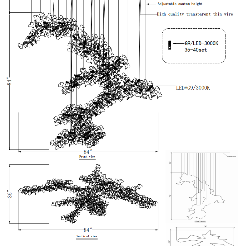 Ceramic Ginkgo Stair Long Branch Chandelier(Customized 84''H)