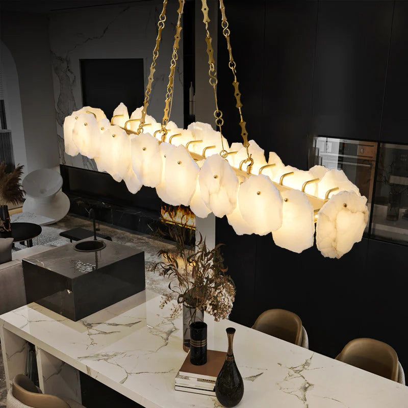 Alabaster Moira Marble Modern Snowflake Linear Chandelier with Chain