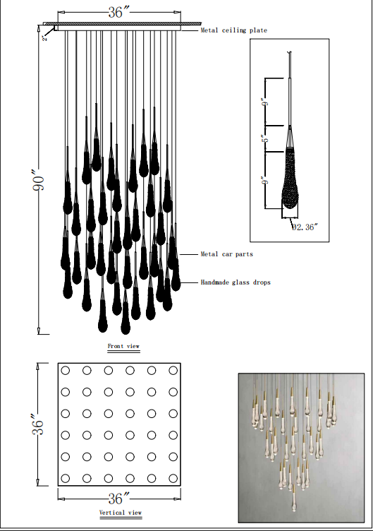 Rain Square Chandelier 36" Customized